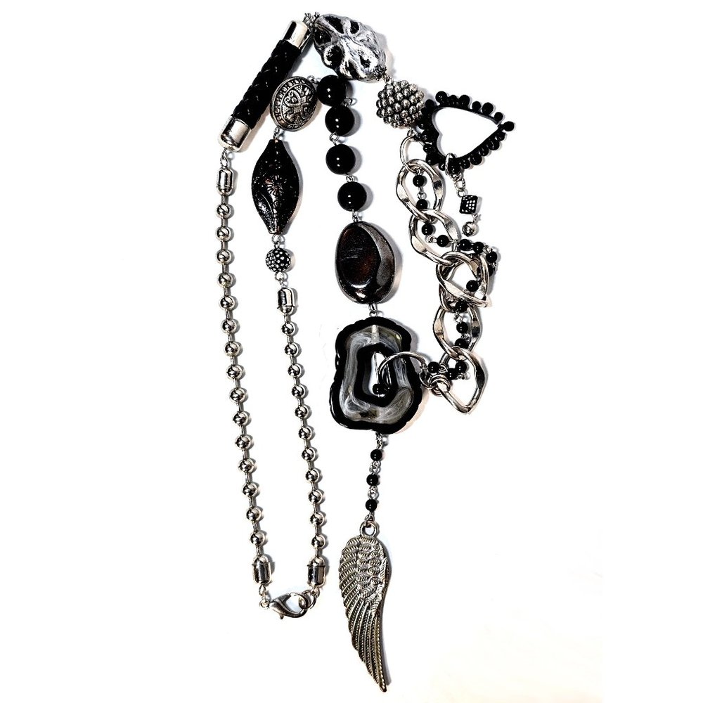 Long 41" Black + Silver-Toned Chunky Boho Statement Necklace